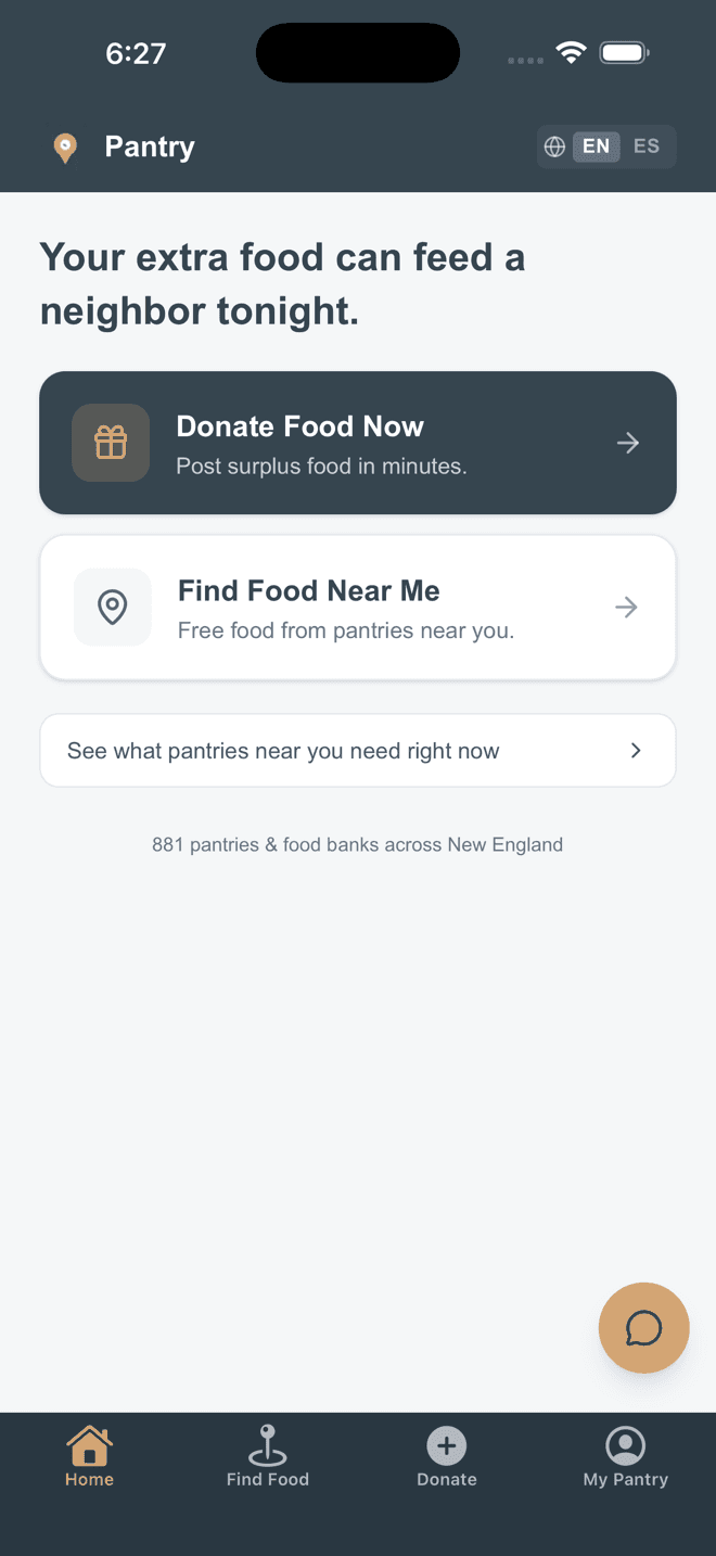 The Pantry home screen, with Donate Food and Find Food actions.