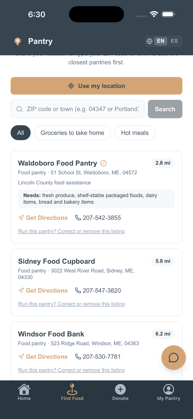 A list of nearby food pantries showing distance, address, and what each one currently needs.