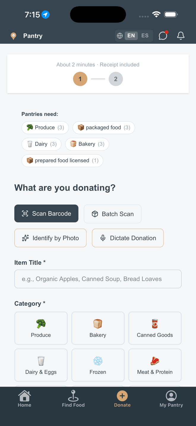 Adding donation items by scanning a barcode, taking a photo, or dictating.