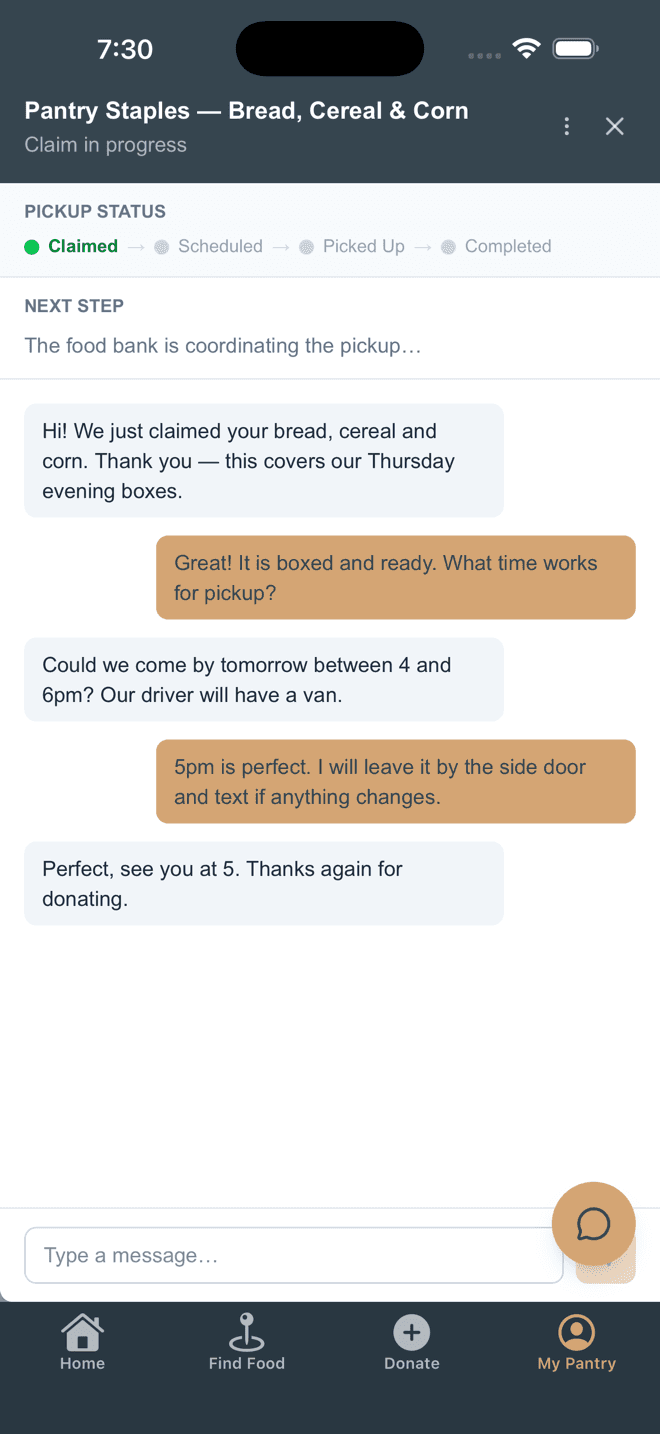 Messaging a pantry to coordinate a pickup time.